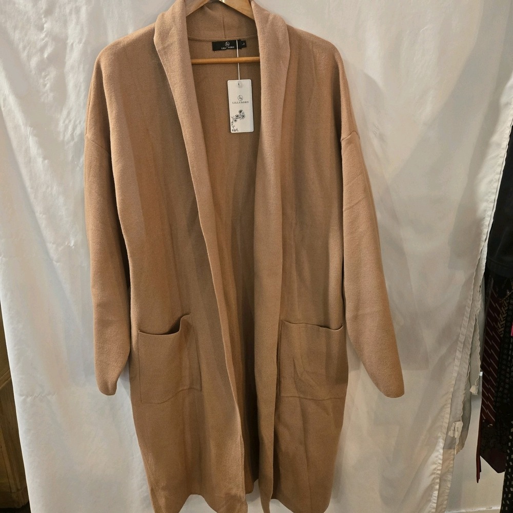 LILLUSORY Women's Oversized‎ Long Tan Cardigan Sweater-Size Large